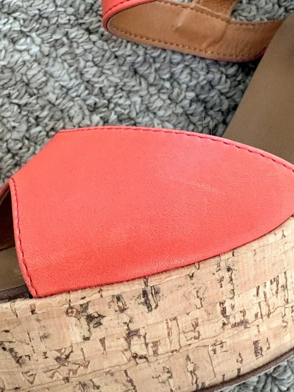 J. Crew Maryann Leather Cork Wedge Platform Sandals in Coral, 7M